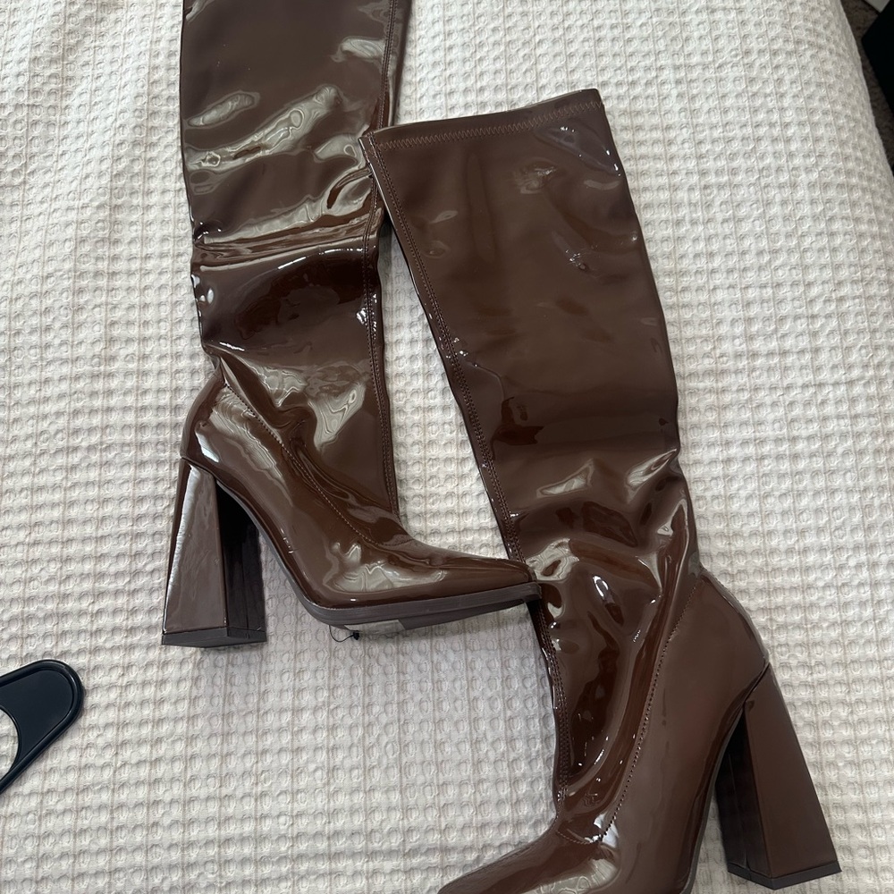 Forever 21 Glossy Brown Over the Knee Boots